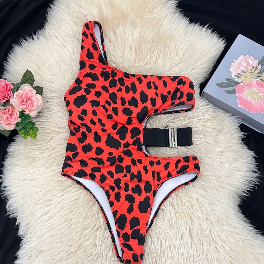 Orange/Red and Black Leopard Print Swimsuit